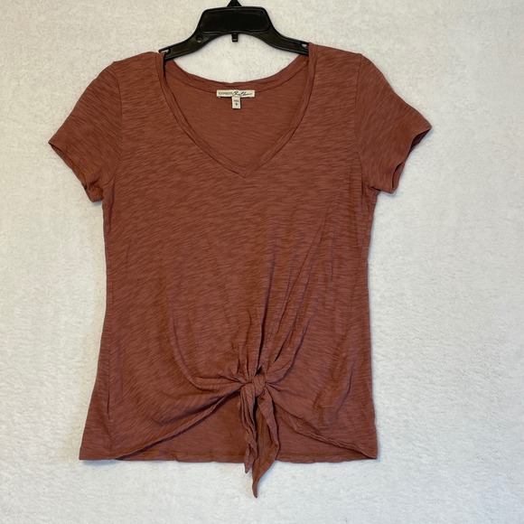 EXPRESS One Eleven Tops - EXPRESS One Eleven Brown V Neck Short Sleeve Knot Front T Shirt Top Size S